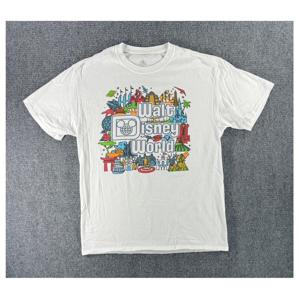 Walt Disney World Attraction Timeline Graphic T-Shirt White Mens Medium M Cotton